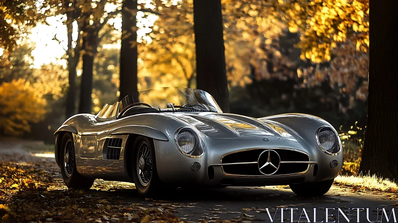 Timeless silver roadster rests softly in golden autumn light