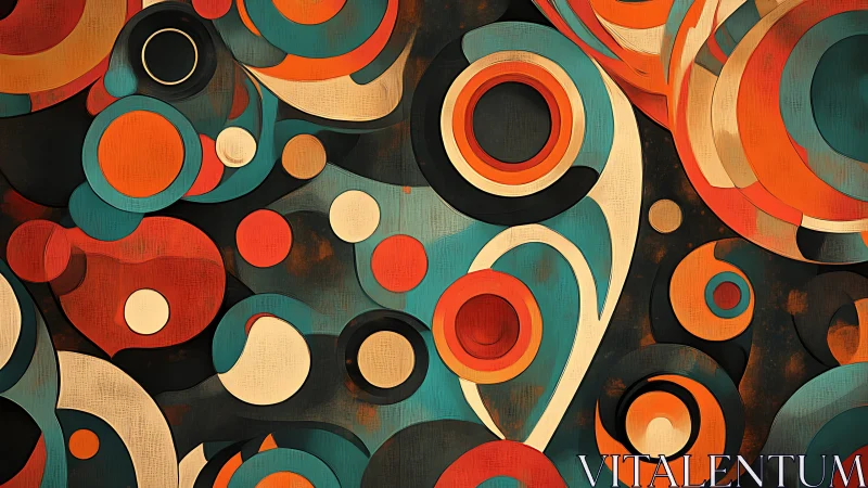 Abstract concentric circles in teal, orange, and cream palette.
