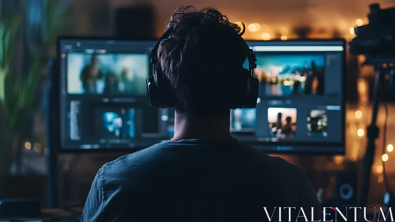 Person editing video at dual monitors in dim workspace.