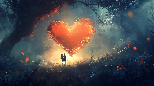 Luminous heart formation above silhouetted figures in forest setting.