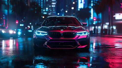 BMW sedan on wet neon lit city street at night in rain.