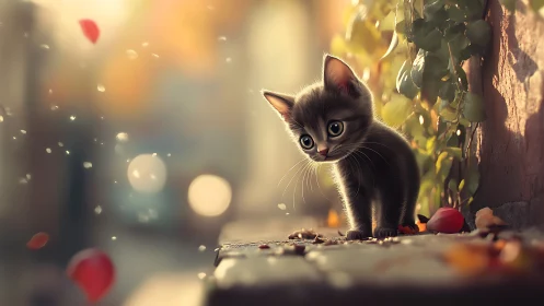 Black Kitten Peering Through Autumn Garden Light.