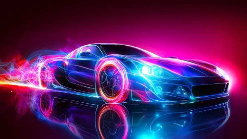 Neon sports car accelerates through glowing futuristic tunnel