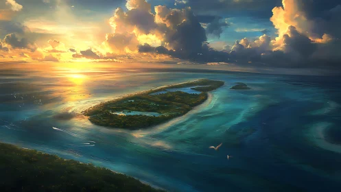 Tropical Atoll Sunrise Over Turquoise Waters and Palm-Fringed Landmass.