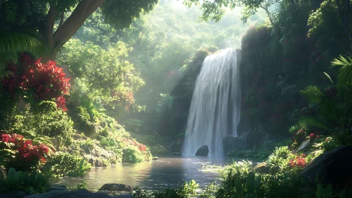 Sunlit jungle waterfall cascades into tranquil hidden pool.