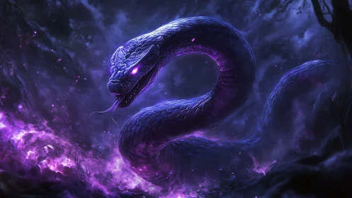 Violet storm serpent coiled in a glowing night forest.