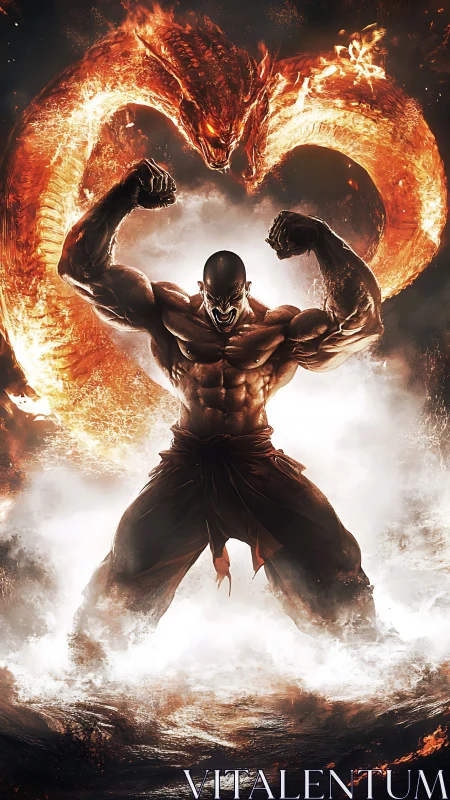 Digital painting of warrior channeling fiery dragon aura.