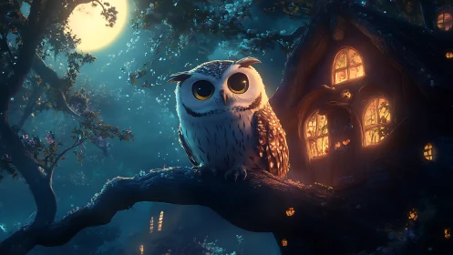 Digital painting of moonlit owl on branch beside glowing treehouse.