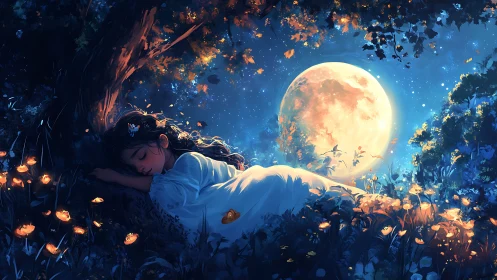 Moonlit forest dream with sleeping girl under glowing sky.