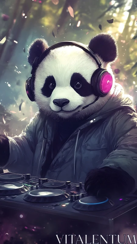 Anthropomorphic panda DJ mixes tracks on deck in misty forest