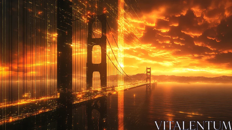 Suspension bridge with digital light grid at sunset scene.