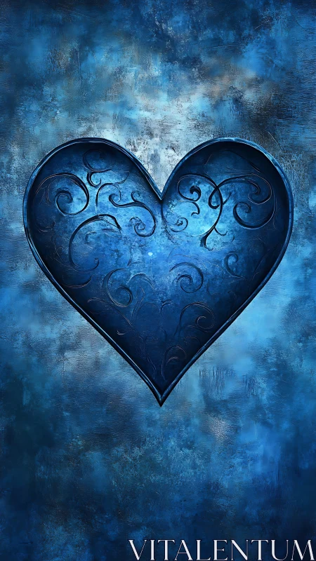 Ornamental Heart Against Textured Blue Backdrop.