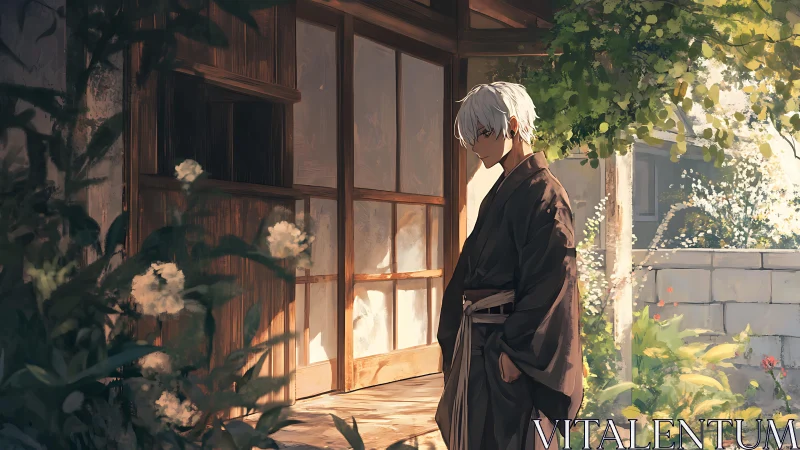 Solitary white-haired figure in kimono stands in dappled garden light