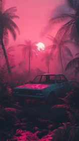 Abandoned sedan in dense tropical foliage at pink dusk.