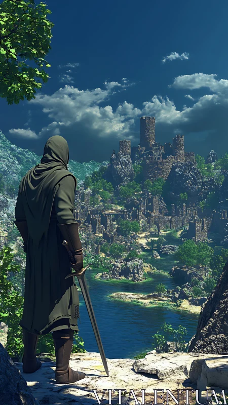 Hooded swordsman observing distant medieval riverside citadel.