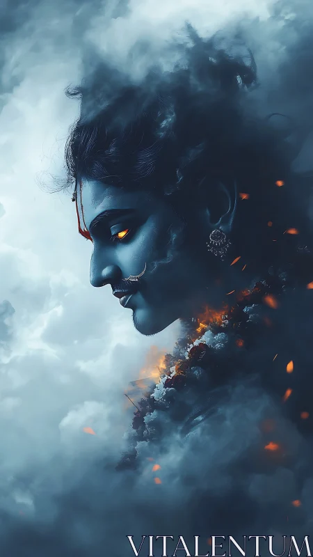 Mythic blue deity profile amid storm clouds and embers glow
