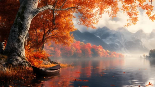 Autumn ember lake cradles a silent boat beneath misty peaks.