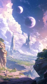 Dual moons above monumental fantasy citadel in luminous sky