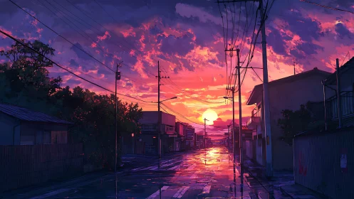 Sunlit wet street reflects vivid twilight over quiet town