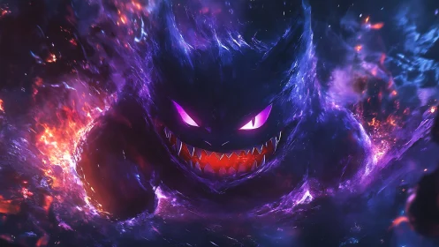 Spectral void creature erupts through cosmic fire vortex.