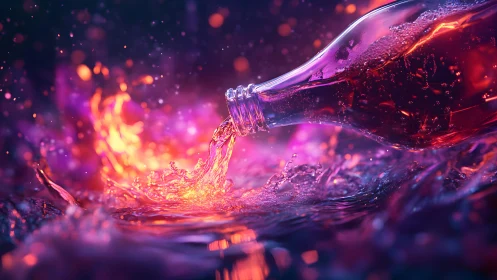 Vibrant soda bottle pouring with colorful neon splash, digital art.