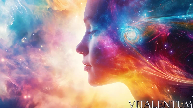 Human profile dissolves into swirling cosmic nebula mindscape