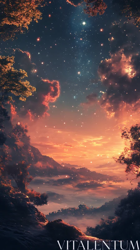 Dreamy starlit valley glows gently beneath a warm sunset sky