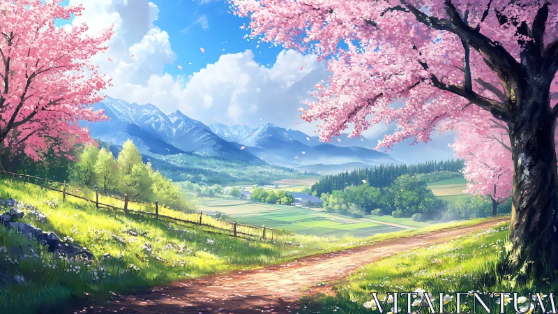 Spring valley landscape with cherry blossoms and alpine range