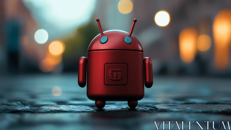 Red toy robot on cobblestone street at dusk in bokeh focus.