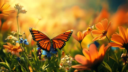 Monarch butterfly over orange wildflowers at golden hour.