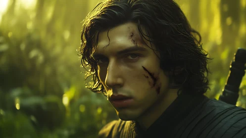 Wounded warrior gazes intensely within sunlit forest