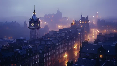 Foggy clock tower overlooks a softly glowing evening cityscape.