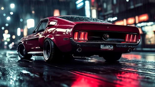 Red classic fastback coupe on wet city street at night.