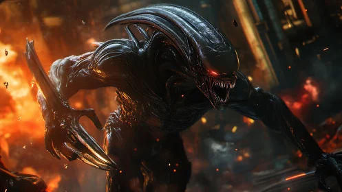 Infernal bio-metal predator lunges through a furnace-lit ruin