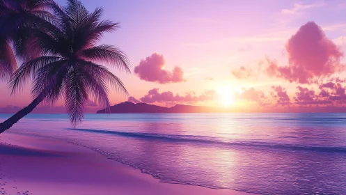 Tropical shoreline at dusk with violet gradient sky and palms