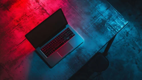 Overhead view of laptop on desk under dual neon rim lighting