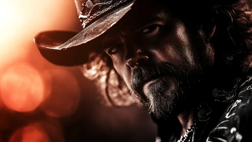 Bearded man in hat is captured under strong side lighting