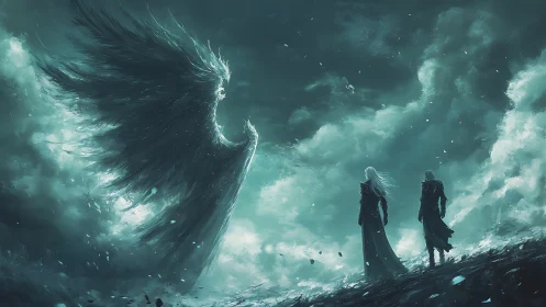 Epic spectral angel confrontation in storm-swept skyscape digital painting.