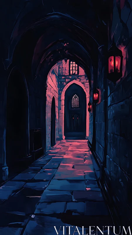 Gothic cloister corridor under crimson spectral lanterns.