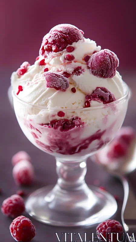Raspberry ripple ice cream parfait in high-key food photography