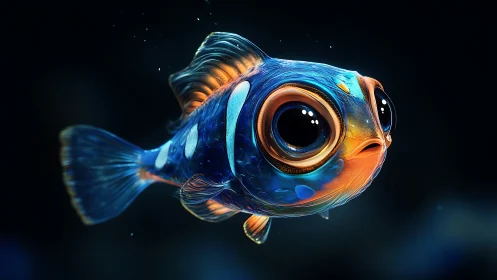 Bioluminescent cartoon fish rendered in high-gloss 3D realism
