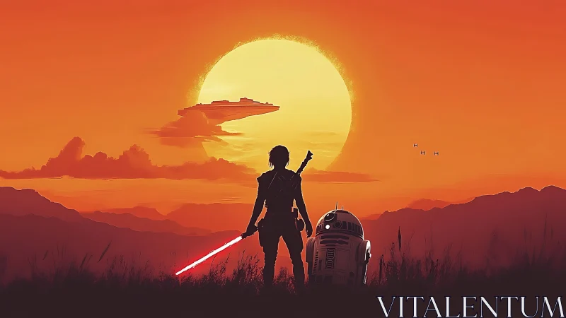 Silhouetted figure and droid observe spacecraft at sunset