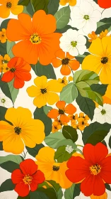 Botanical illustration with orange, yellow, red and white blooms layered densely