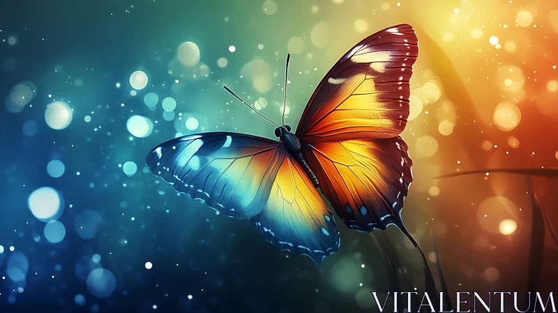 Luminous butterfly drifting through a dreamy rainbow glow.