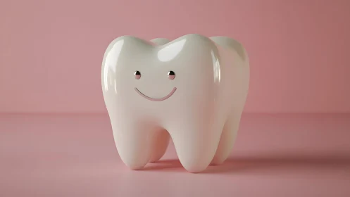 Cute smiling tooth cartoon on pink background, 3D illustration style.