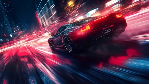 Neon vector drift: high-speed coupe in chromatic urban blur.