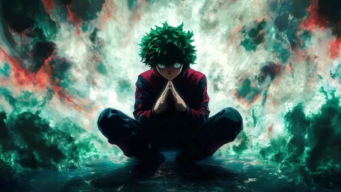 Meditating anime hero amid explosive emerald storm.