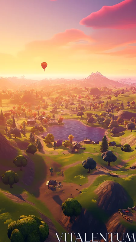 Sunlit game valley with lake and drifting hot air balloon