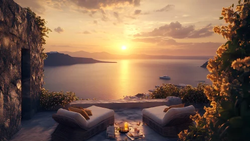 Sunset lounge over tranquil sea with golden summer hush.