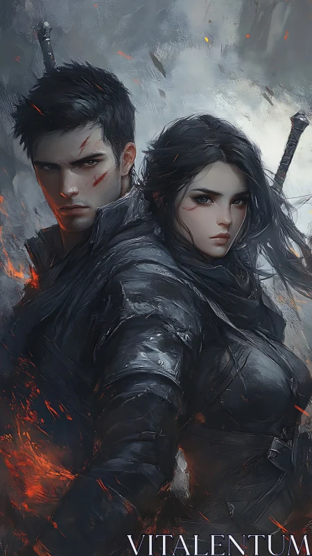 Stormlit bladebound duo amid embers and gathering dusk.